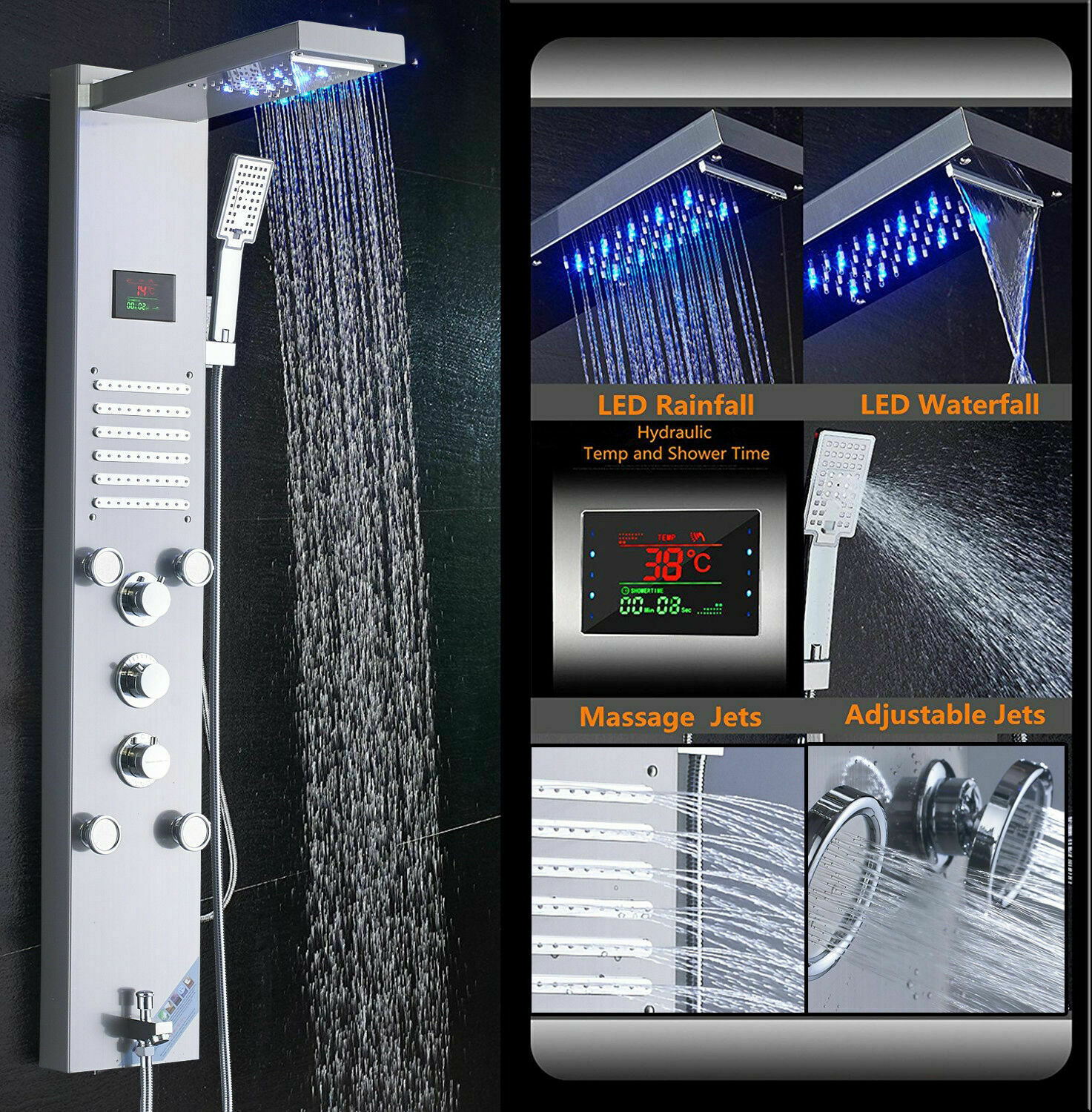 Ello&allo Shower Panel Tower System Brushed Nickel Led Rainfall Massage Jets Tap