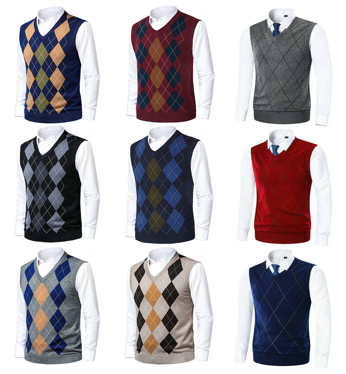 Mens Argyle Sweater Vest Golf Knitted Tank Top V-neck Sleeveless Pullover