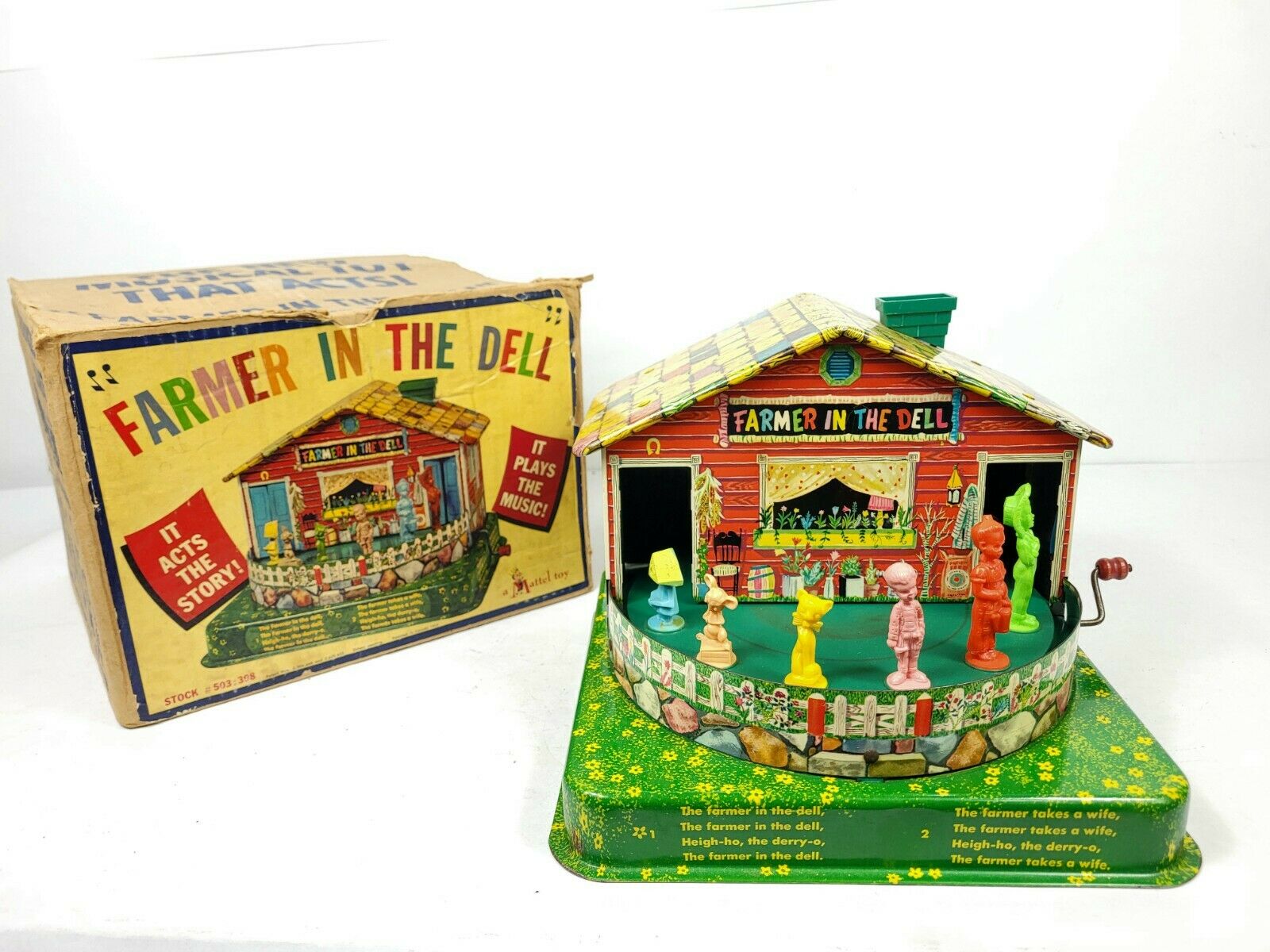 Vintage 1953 Mattel Farmer In The Dell Tin Wind-up Music Box 503 In Original Box