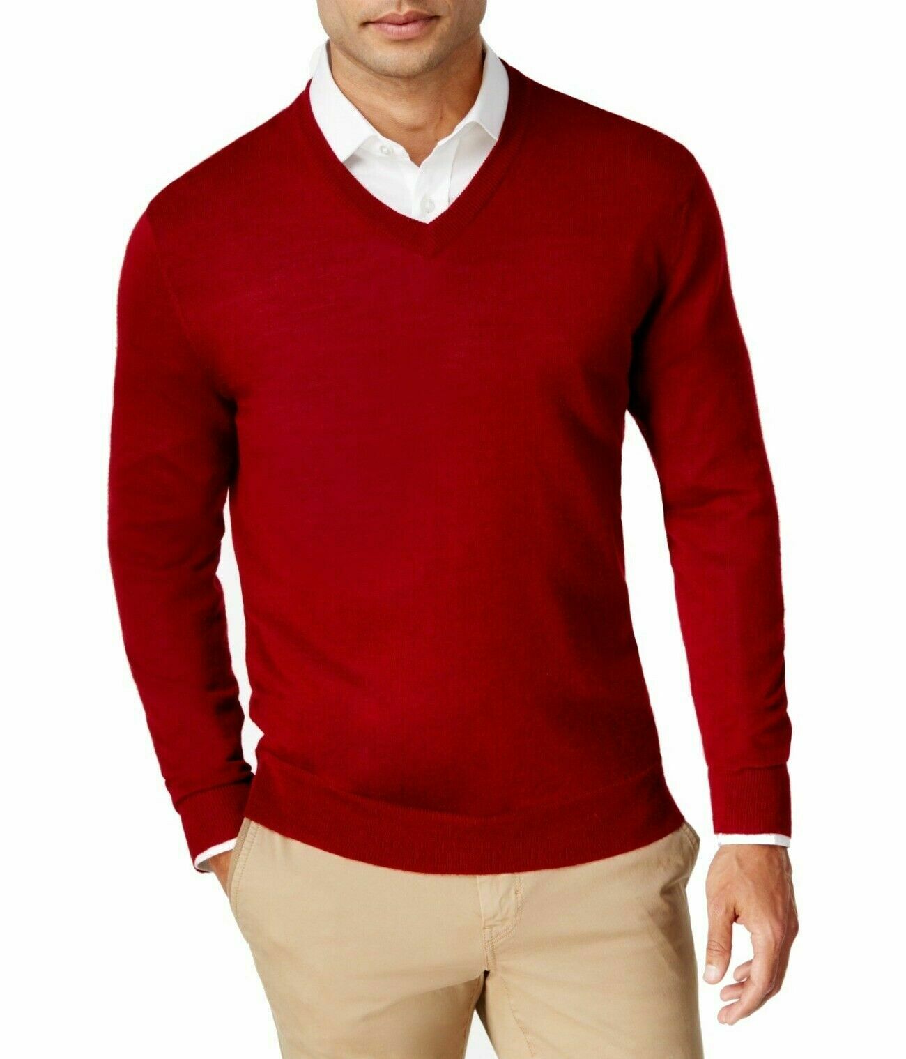 Club Room Mens Sweater Cherry Red Ribbed Trim Pullover V-neck $75